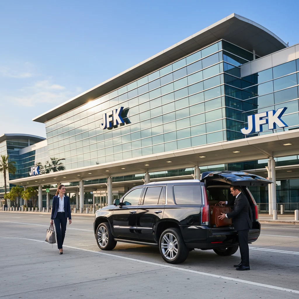 JFK airport terminal exterior and airport approach