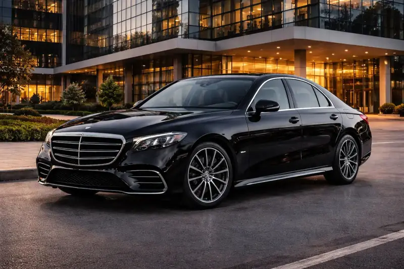 Executive sedan beside a glass office building